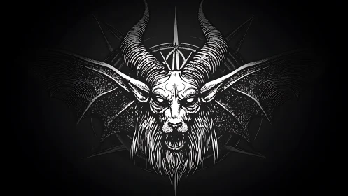 Demonic goat skull with horns and wings on dark background.