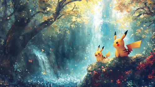 Two yellow creatures sit on a mossy ledge before waterfalls