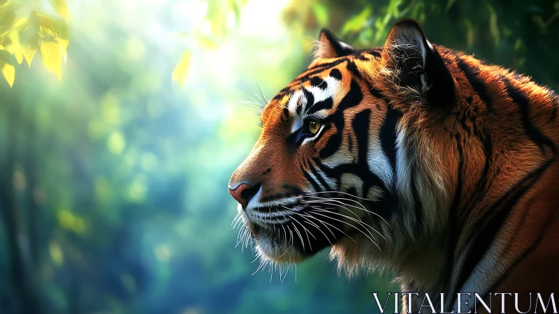 Regal tiger gazes through forest light in serene profile