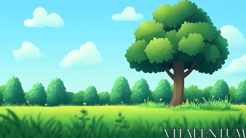 Sunlit stylized tree in layered low-depth-of-field meadow scene