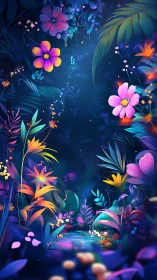 Midnight garden path glowing with playful neon blossoms.