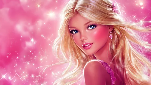 Sparkling blonde beauty smiles softly in a dreamy pink glow
