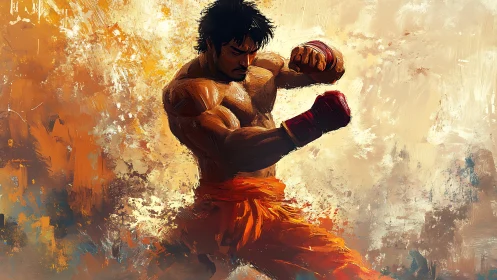 Powerful martial artist leaping forward in fiery motion.