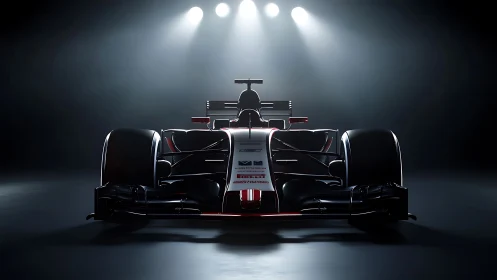 Front-lit Formula race car rendered in dramatic studio lighting