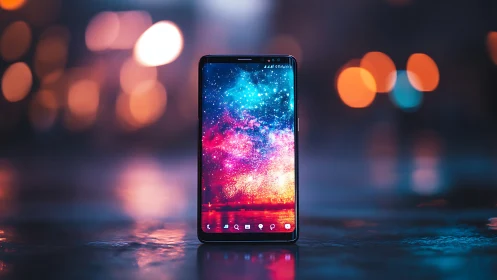 Smartphone displays gradient particle light effect wallpaper.