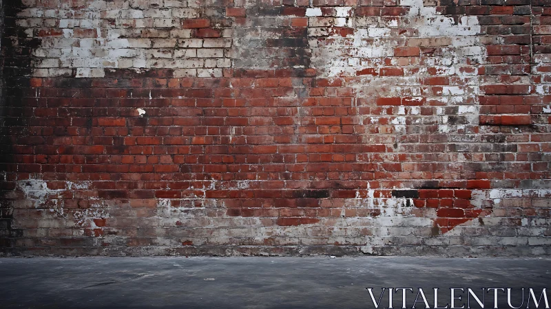 Weathered red brick wall with peeling white paint and concrete