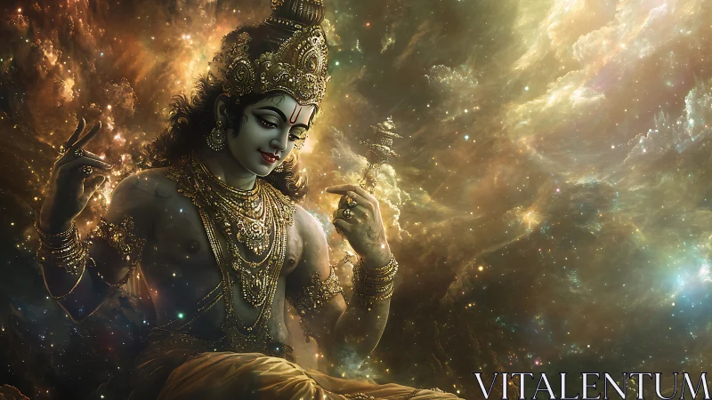 Divine cosmic deity poised within radiant celestial nebula.