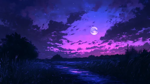 Moonlit river under vivid violet twilight sky glows softly