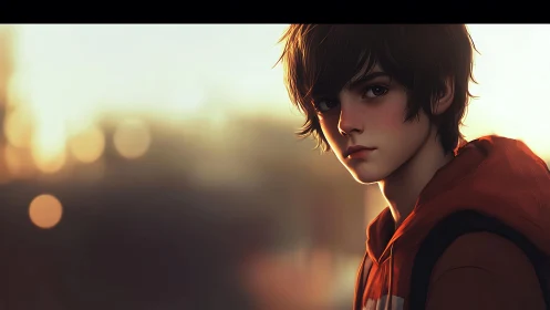 Brooding teen in orange hoodie under soft sunset glow.