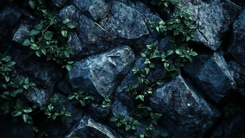 Emerald vines weave across rugged dark stone wall surface.