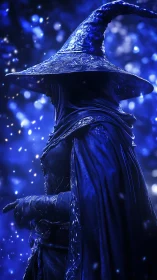 Hooded wizard in blue cloak stands in glowing particle field
