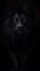 Black lion portrait with glowing red eyes on dark background.
