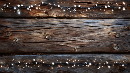 Rustic wooden planks frame warm string lights in border
