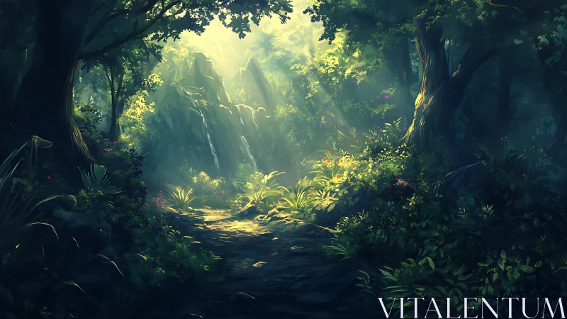 Luminous Forest Sanctuary: Ancient Rocks and Verdant Canopy.
