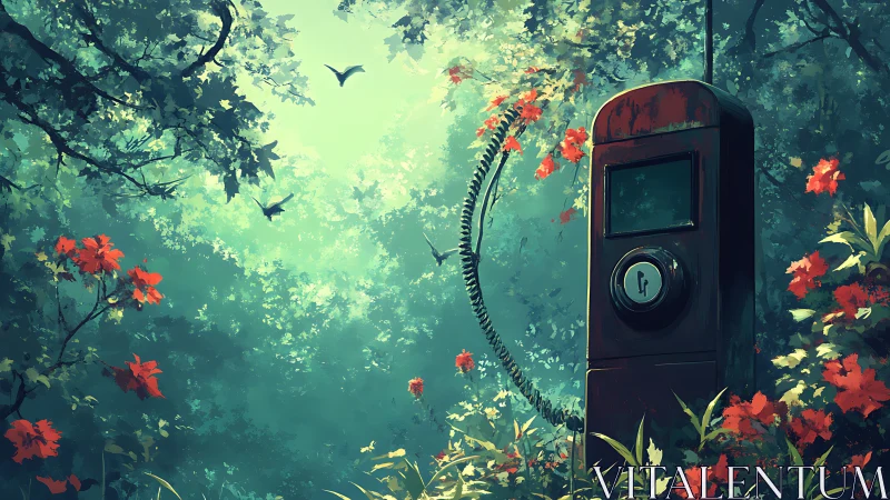 Retro charging station reclaimed by lush forest light.