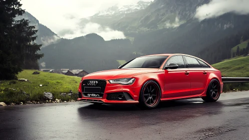 Bold red Audi sedan glows against misty mountain scenery