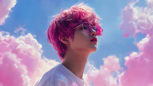 Cotton candy skies and a daydreamer in rose-tinted shades.