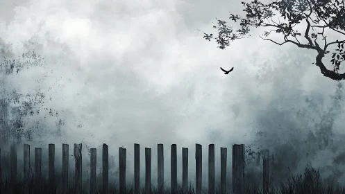 Misty fence line under lone crow and twisted tree.