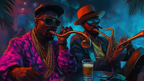 Neon drenched jazz duo with curved horns in nightclub glow.
