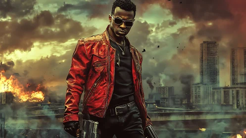 Lone gunman strides through burning futuristic cityscape.