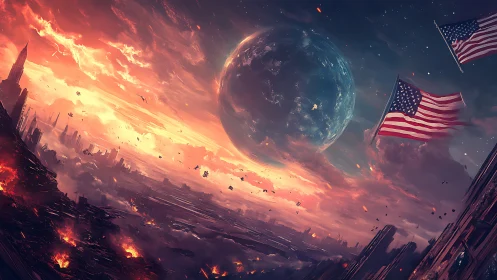 Apocalyptic American skyline tilts beneath looming planet.