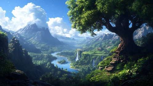 Expansive fantasy valley rendered with luminous atmospheric depth