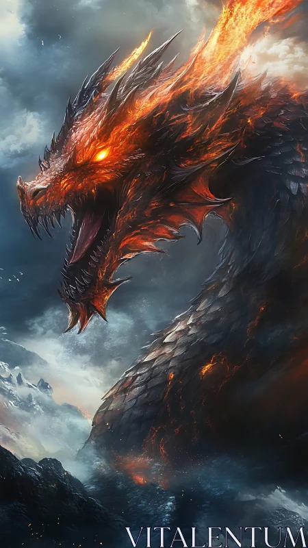 Infernal mountain dragon roaring through storm clouds.