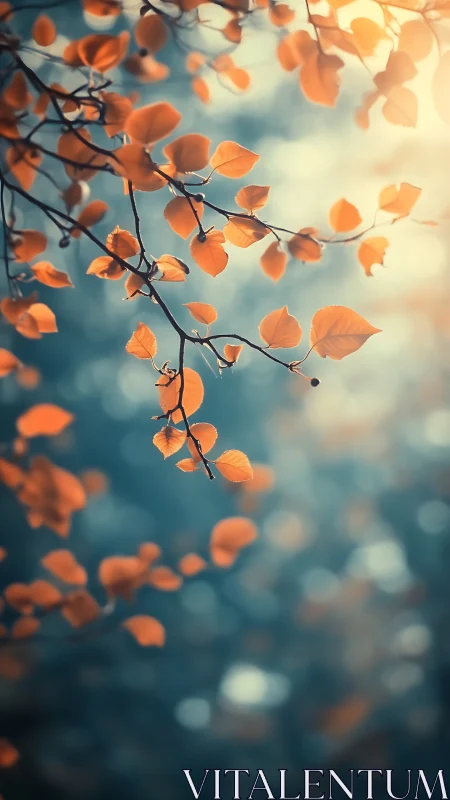 Amber leaves drifting in soft bokeh-swept forest light.