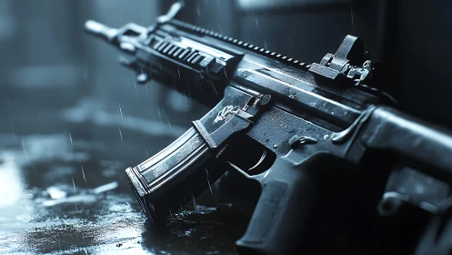 AR-15 Tactical Rifle with Rain-Soaked Surface and Atmospheric Cinematic Lighting
