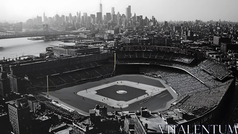 Historic urban baseball stadium with city skyline view.