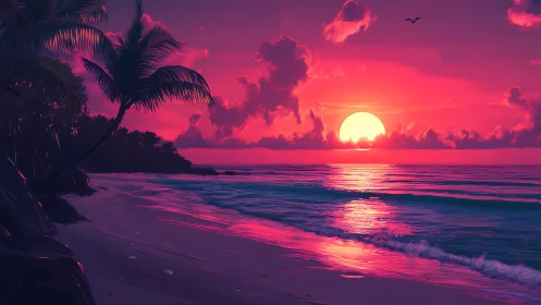 Radiant tropical sunset welcomes a quiet, dreamlike shoreline