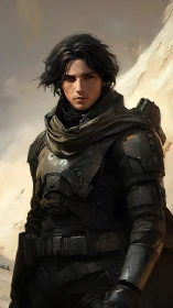 Young armored wanderer against windswept desert cliffs.