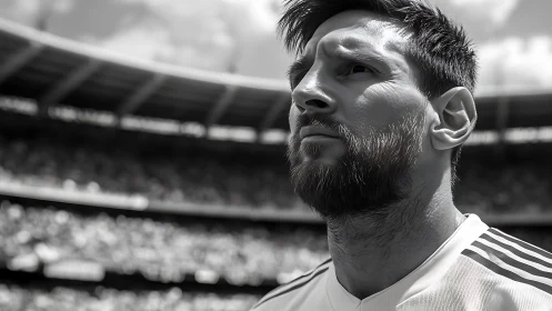 Focused footballer portrait under stadium daylight glow