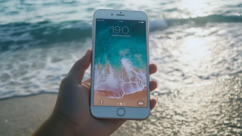 iPhone displaying coastal wave scene at beach location.