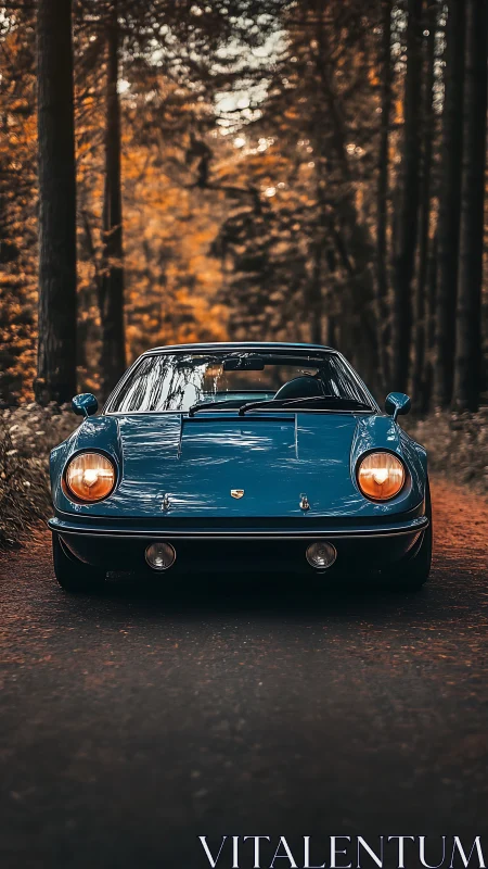 Forest lane daydream: vintage blue sports car waits.