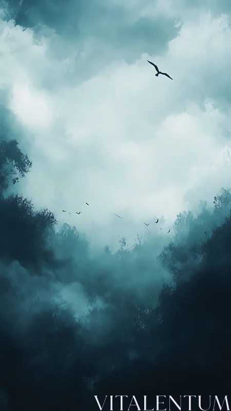 Birds cross bright cloud opening between dark forest edges