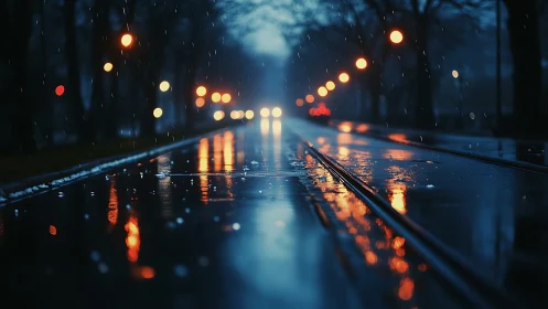 Soft city rain glows along quiet rails at blue hour.