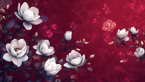 White Magnolia Blossoms Against Deep Crimson Background. Digital.