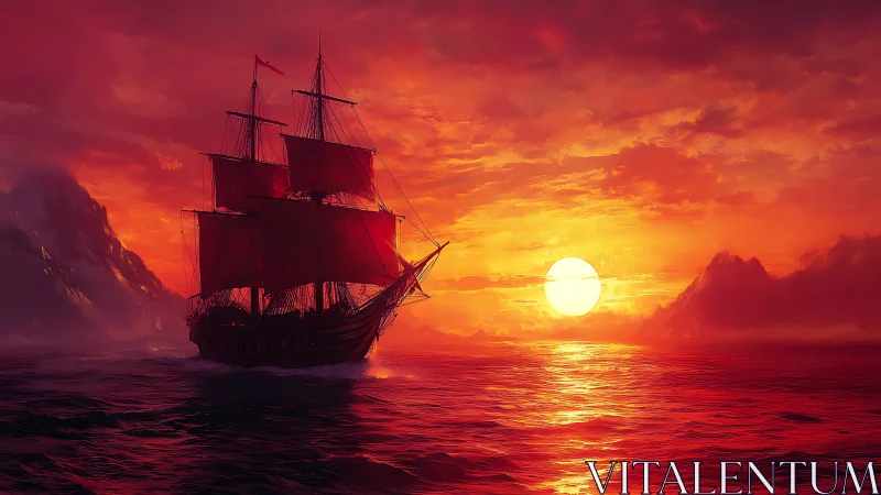 Crimson-sailed voyager cuts through molten sunset seas.