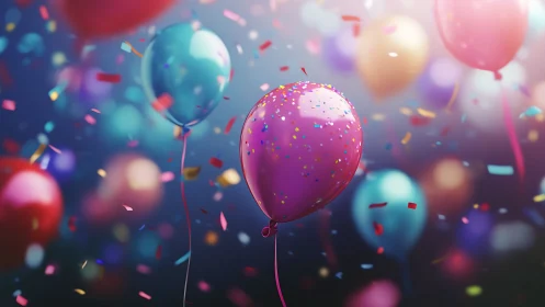 Magenta Balloon Suspended Among Confetti in Vibrant 3D Celebration Scene