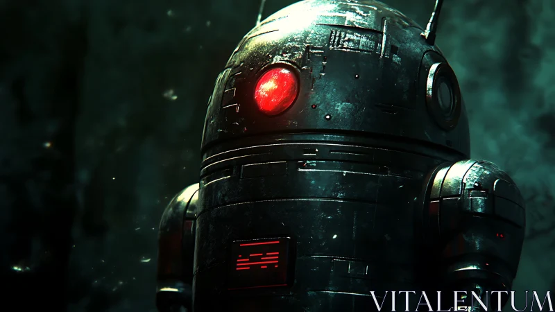 Crimson eyed astro droid pauses mid mission in neon gloom