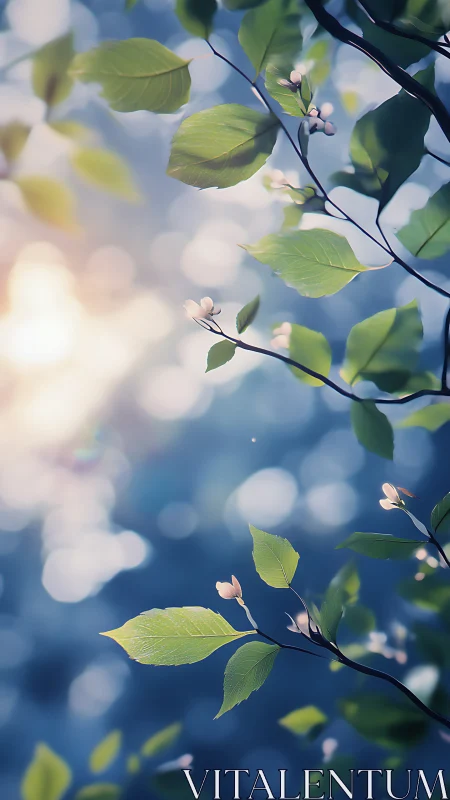 Sunlit spring leaves stretch gently into soft morning light