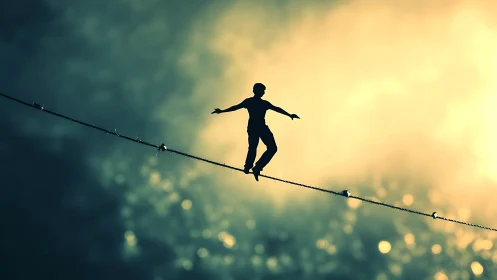 Silhouetted tightrope walker over glowing bokeh horizon.