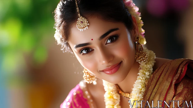 Portrait depicts woman in traditional attire with floral garland