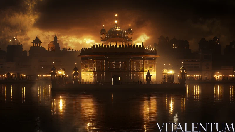 Golden temple glows against stormy dusk sky over still water