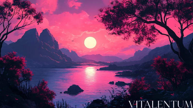 Neon sunset bathes tranquil mountain lake in dreamlike glow