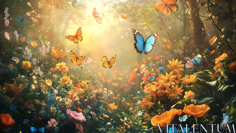 Sunlit butterfly waltz over a wildly blooming dream garden.