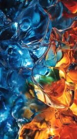 Translucent blue and orange liquid forms in close abstract view.