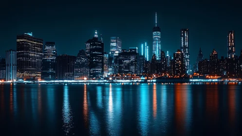 Neon-lit modern skyline reflects across calm nocturnal harbor