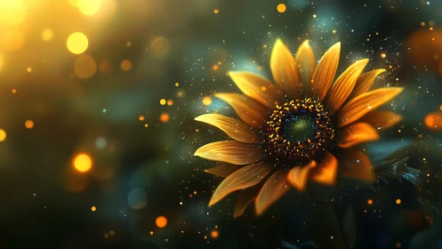 Sunflower glows through golden bokeh and night dust.